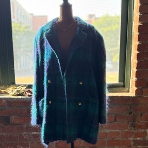 VINTAGE CIRCA 1980’s GEORGE DAVID BLUE & PURPLE MOHAIR PLAID COAT SZ 14